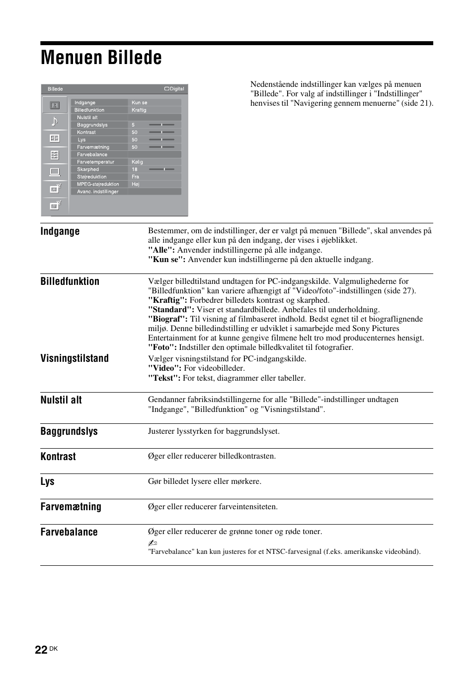 Menuen billede, Se side 22, Side 22 t | Sony KDL-40V3000 User Manual | Page 22 / 300