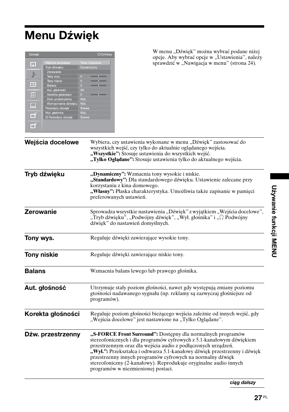 Menu dźwięk | Sony KDL-40V3000 User Manual | Page 235 / 300