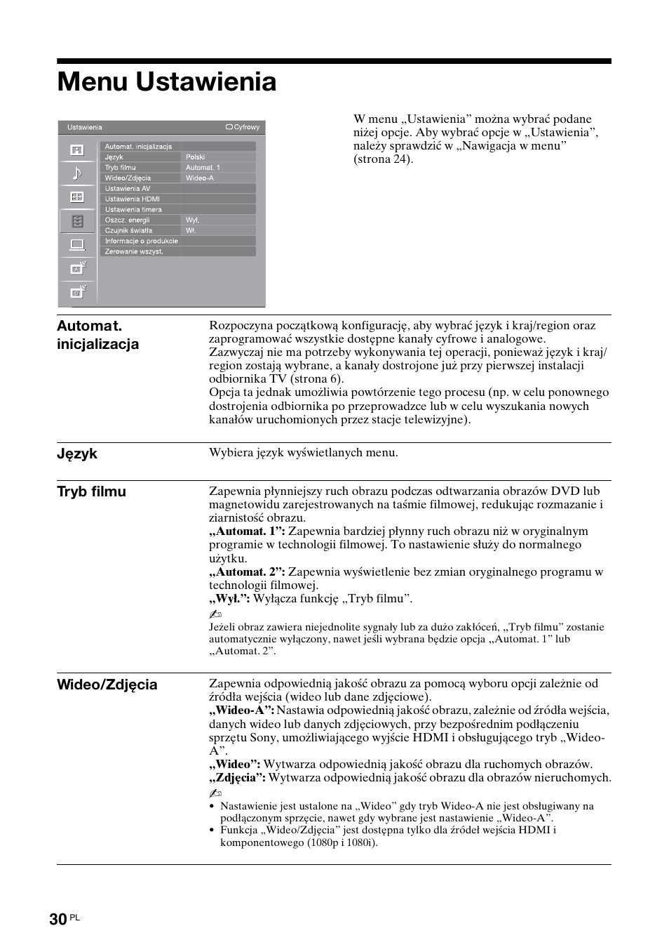 Menu ustawienia | Sony KDL-40V3000 User Manual | Page 238 / 300