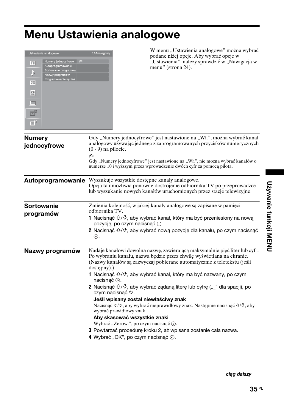 Menu ustawienia analogowe, Sortowanie programów | Sony KDL-40V3000 User Manual | Page 243 / 300