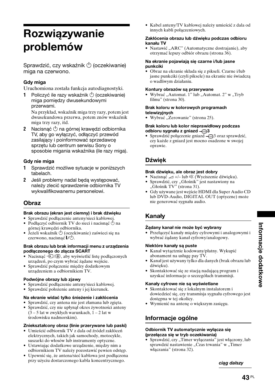 Rozwiązywanie problemów, Obraz, Dźwięk | Kanały, Informacje ogólne | Sony KDL-40V3000 User Manual | Page 251 / 300