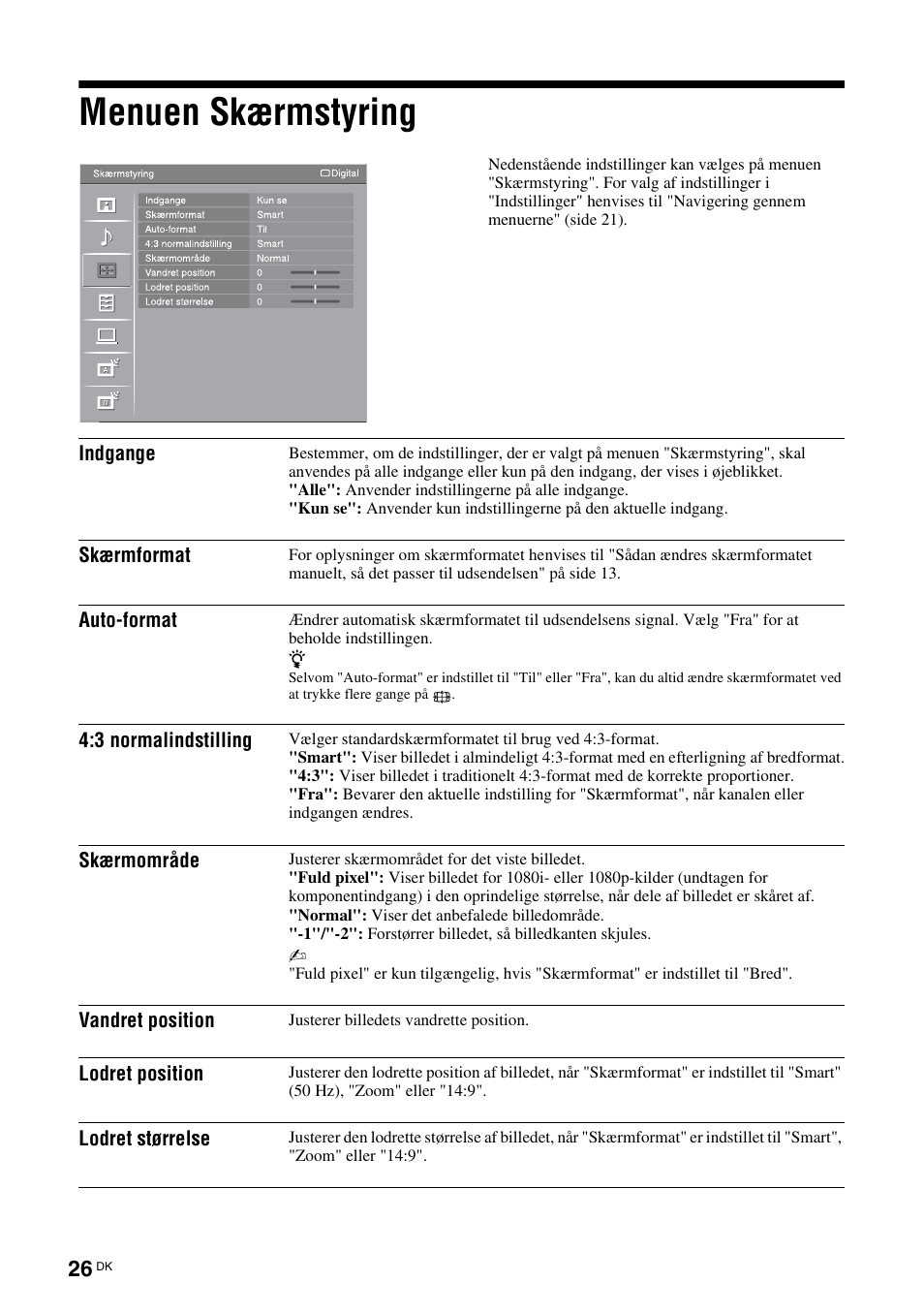 Menuen skærmstyring, Side 26) | Sony KDL-40V3000 User Manual | Page 26 / 300