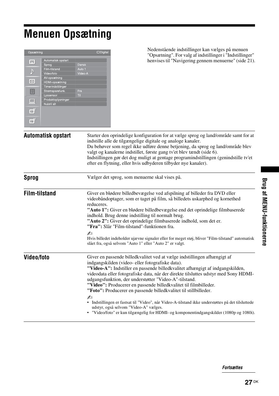 Menuen opsætning | Sony KDL-40V3000 User Manual | Page 27 / 300