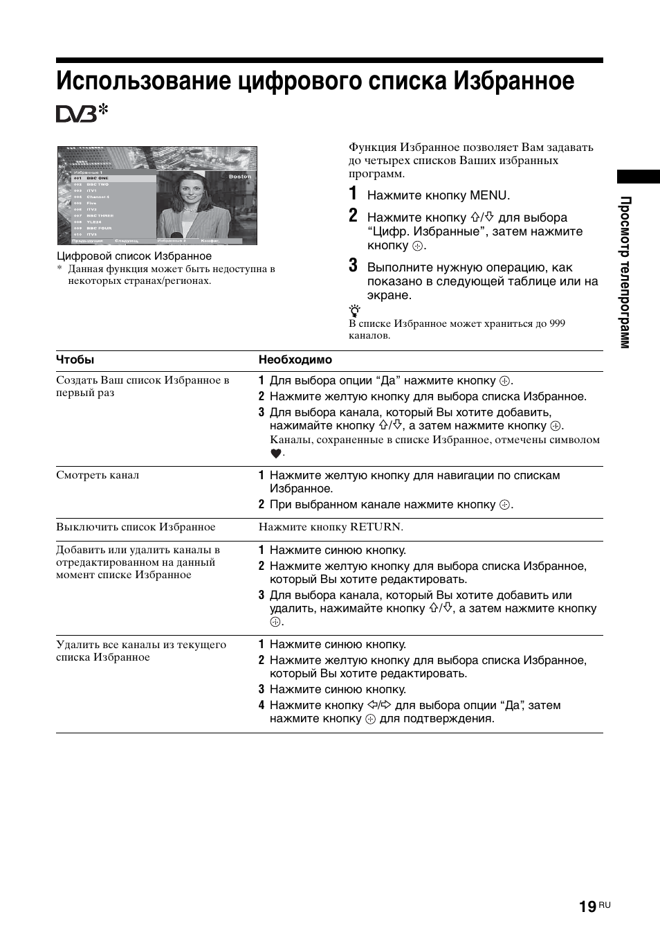 Использование цифрового списка избранное | Sony KDL-40V3000 User Manual | Page 271 / 300