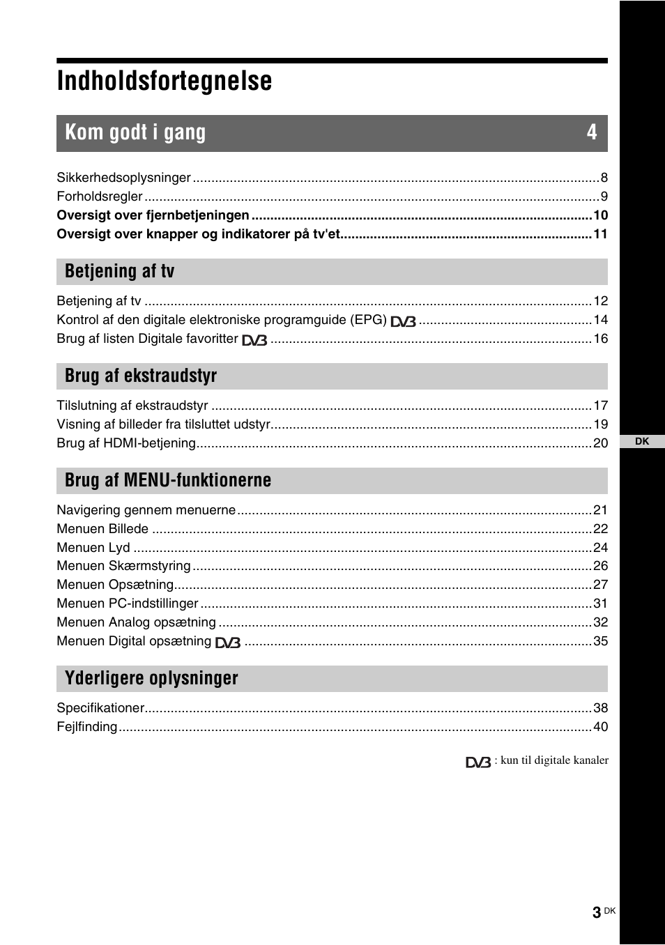 Indholdsfortegnelse, Kom godt i gang 4 | Sony KDL-40V3000 User Manual | Page 3 / 300