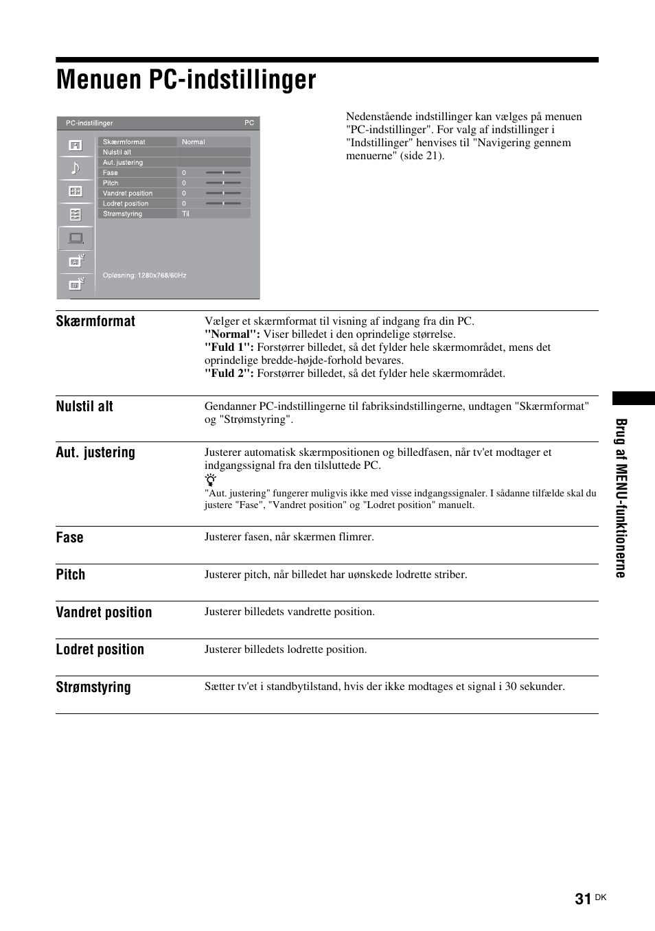Menuen pc-indstillinger, Se side 31, Side 31) | Sony KDL-40V3000 User Manual | Page 31 / 300