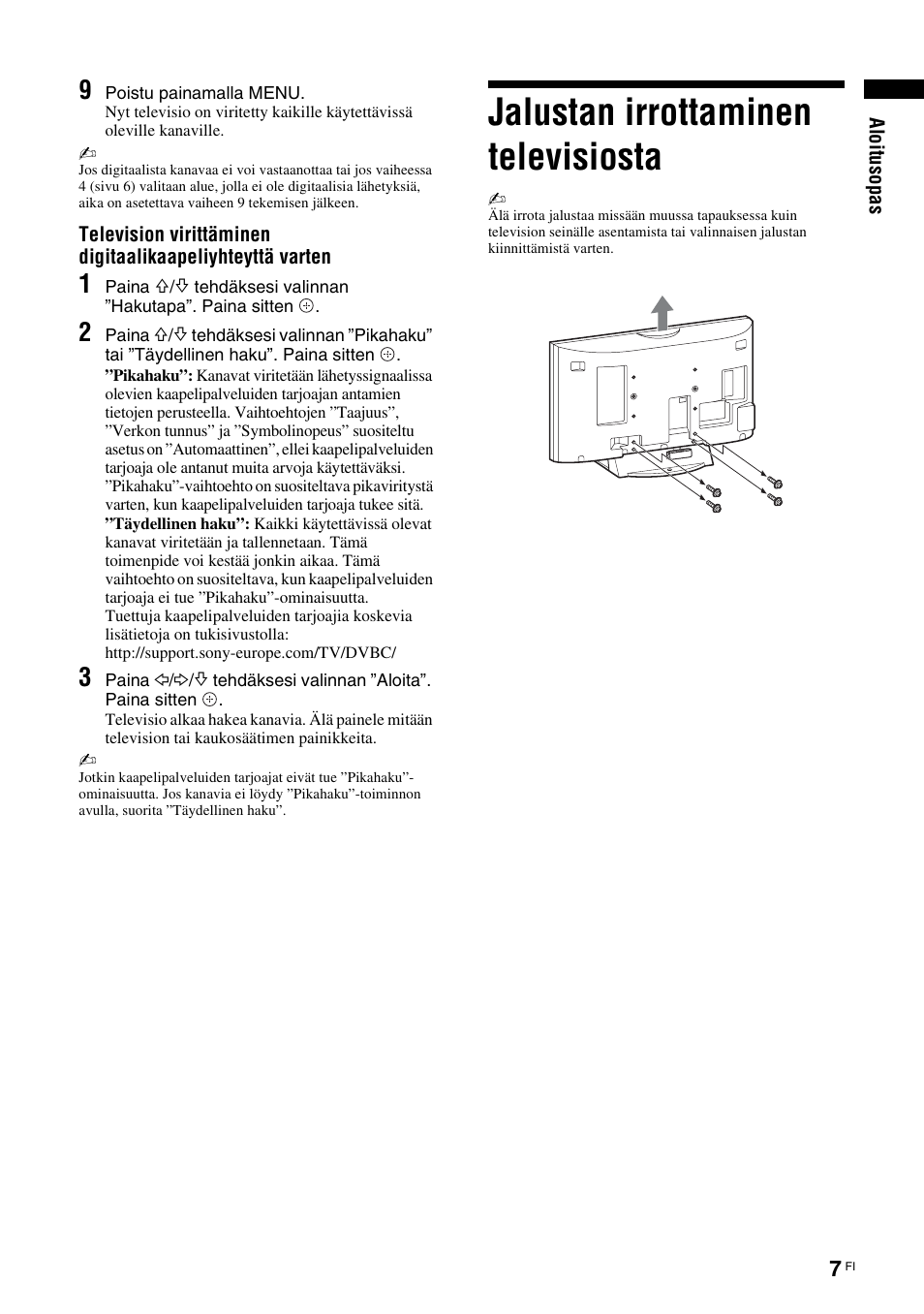 Jalustan irrottaminen televisiosta | Sony KDL-40V3000 User Manual | Page 47 / 300