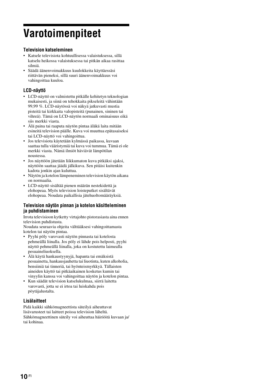 Varotoimenpiteet | Sony KDL-40V3000 User Manual | Page 50 / 300