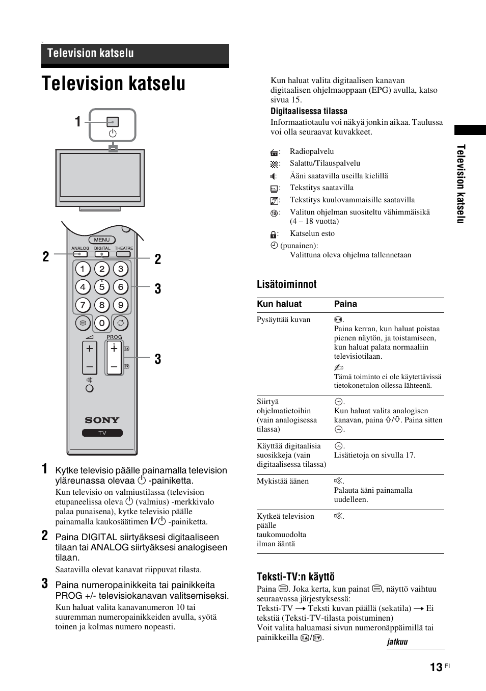 Television katselu, Sivu 13, Sivu 13) | Sivu 13): s | Sony KDL-40V3000 User Manual | Page 53 / 300