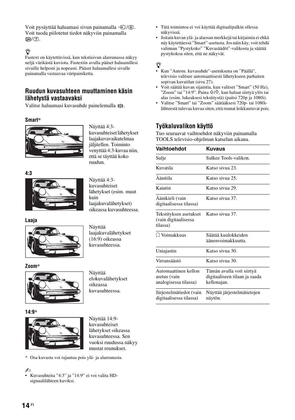 Sivu 14, Sivu 14): p, La (sivu 14) | Sivu 14), Työkaluvalikon käyttö | Sony KDL-40V3000 User Manual | Page 54 / 300