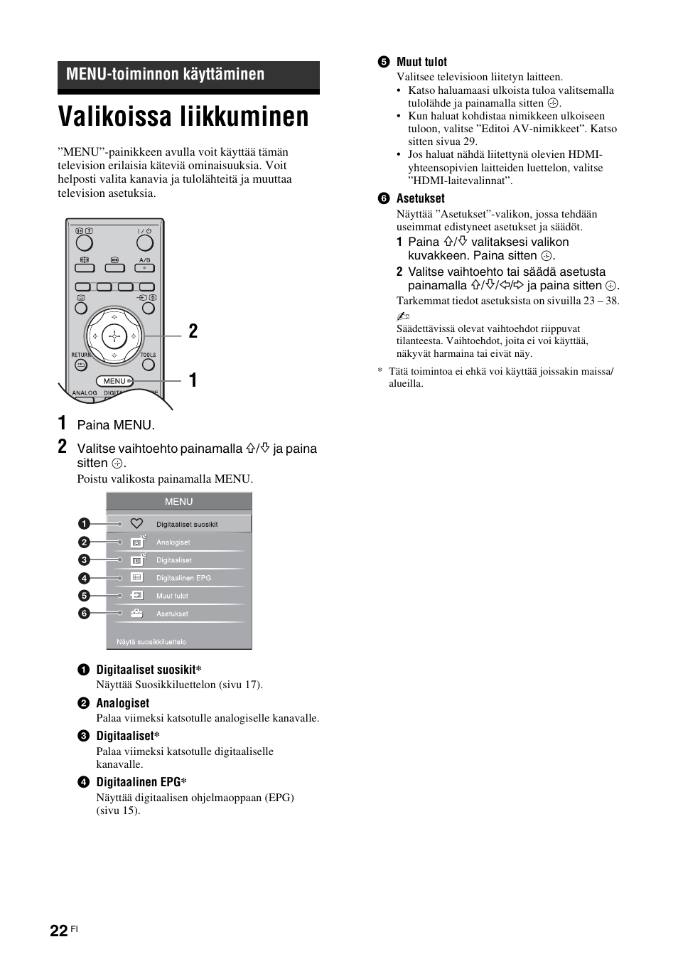Menu-toiminnon käyttäminen, Valikoissa liikkuminen, Nu (sivu 22) | Sivu 22) | Sony KDL-40V3000 User Manual | Page 62 / 300