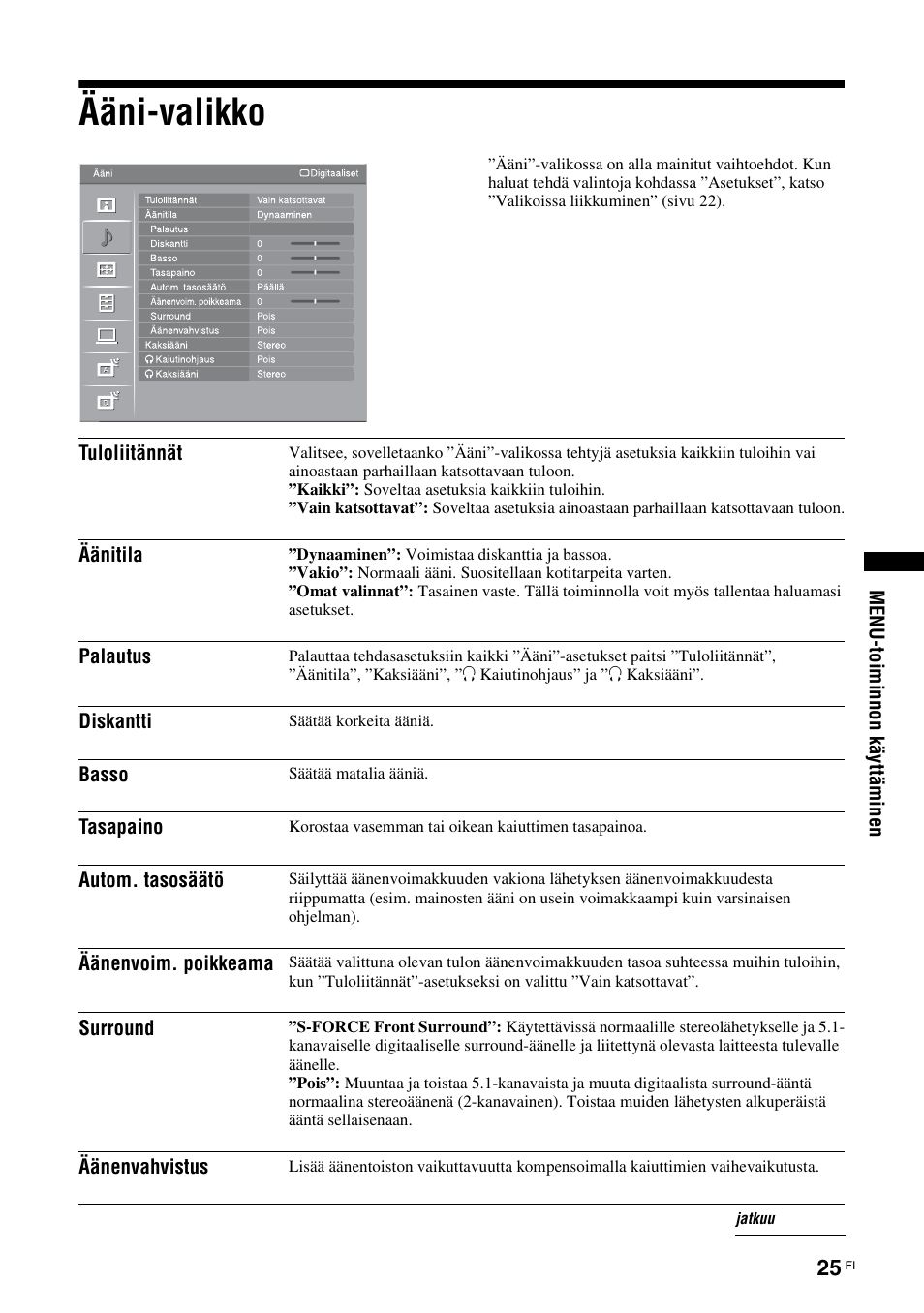 Ääni-valikko, Katso sivua 25 | Sony KDL-40V3000 User Manual | Page 65 / 300