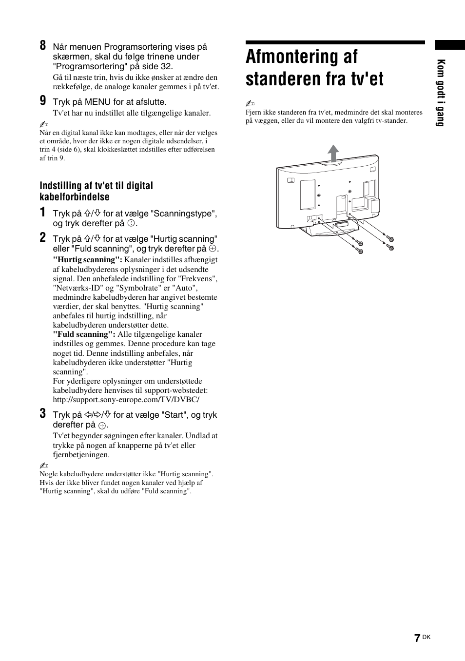 Afmontering af standeren fra tv'et | Sony KDL-40V3000 User Manual | Page 7 / 300