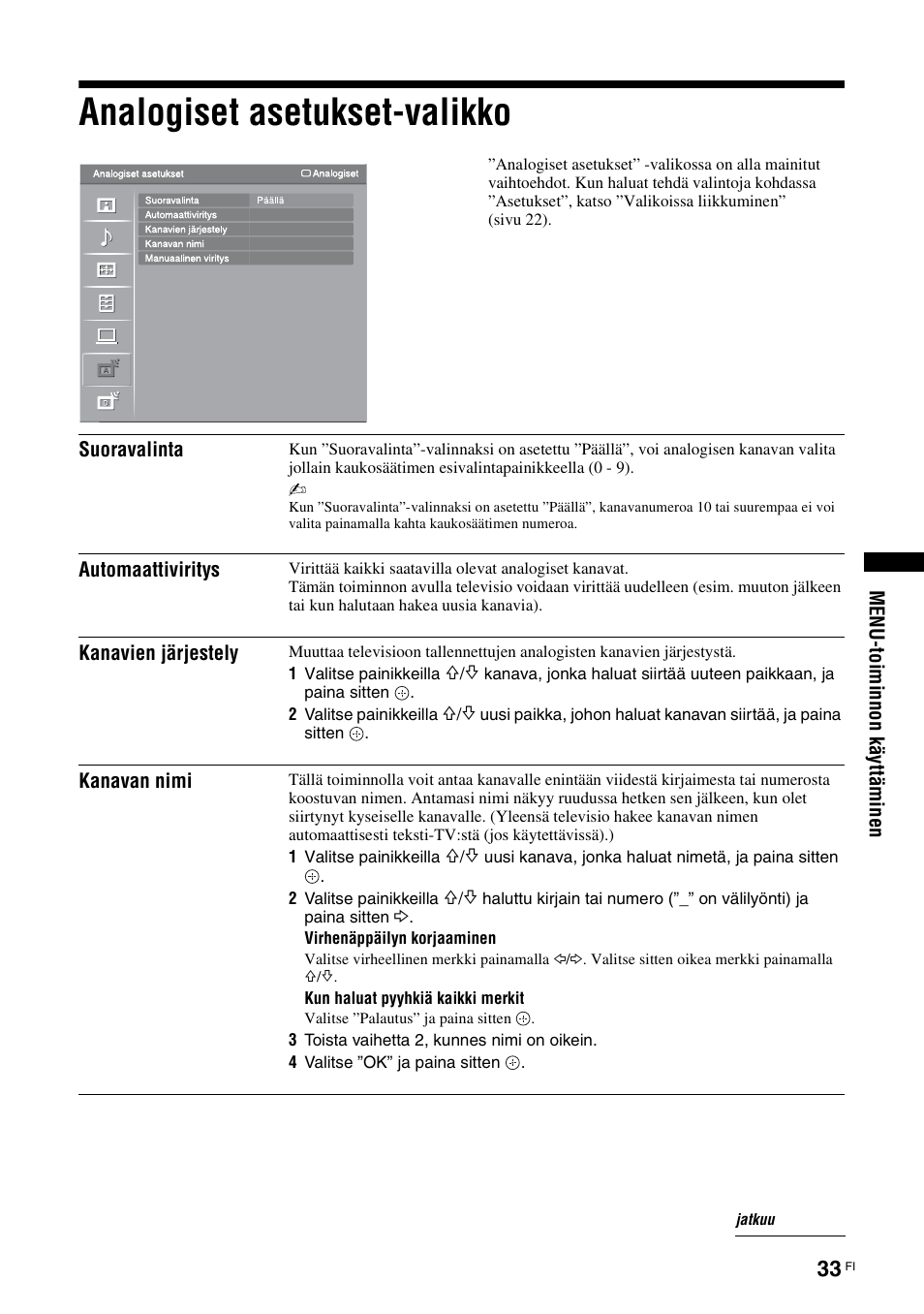 Analogiset asetukset-valikko, Kanavien järjestely” s, A 33 mai | Sony KDL-40V3000 User Manual | Page 73 / 300