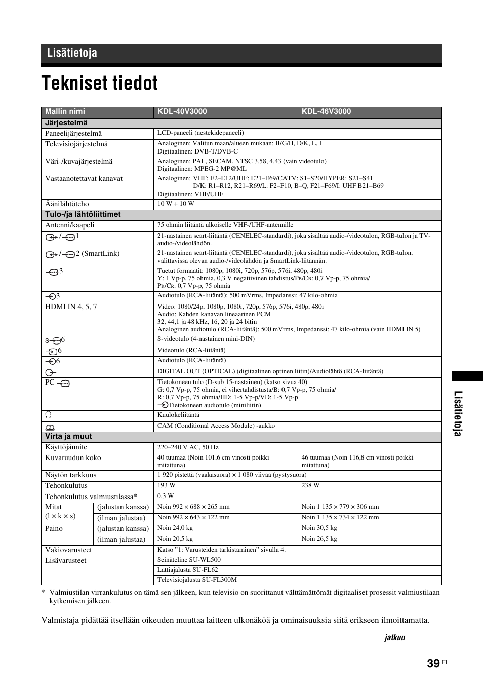 Lisätietoja, Tekniset tiedot, Li sä ti eto ja | Sony KDL-40V3000 User Manual | Page 79 / 300