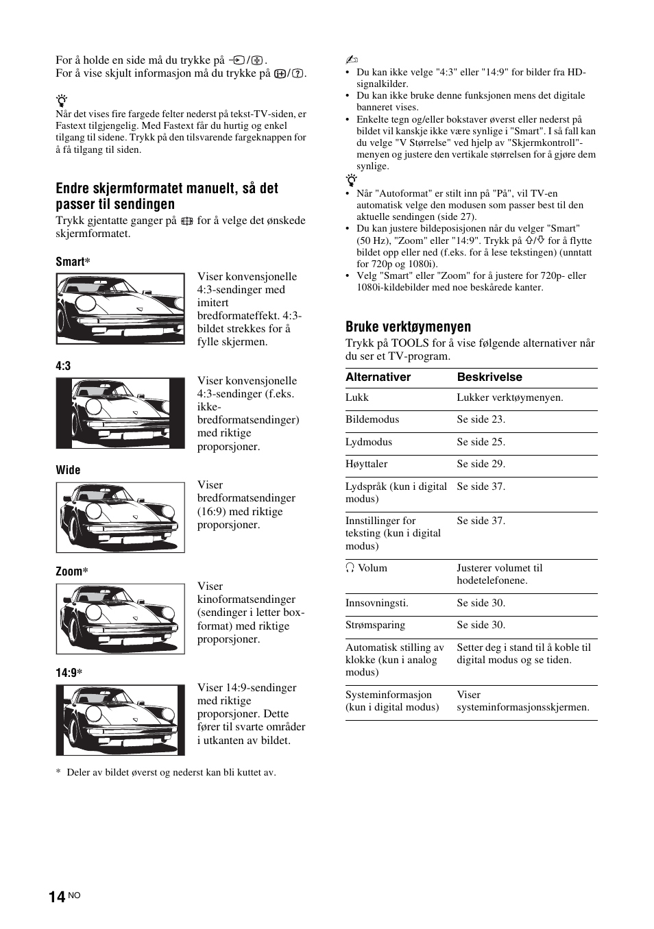 Side 14, Side 14), S (side 14) | Bruke verktøymenyen | Sony KDL-40V3000 User Manual | Page 96 / 300