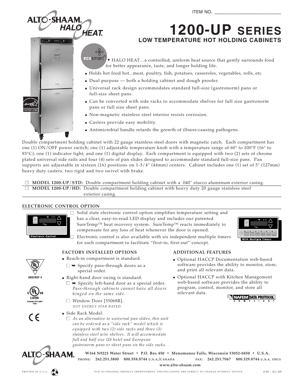 Alto-Shaam 1200-UP Series User Manual | 2 pages