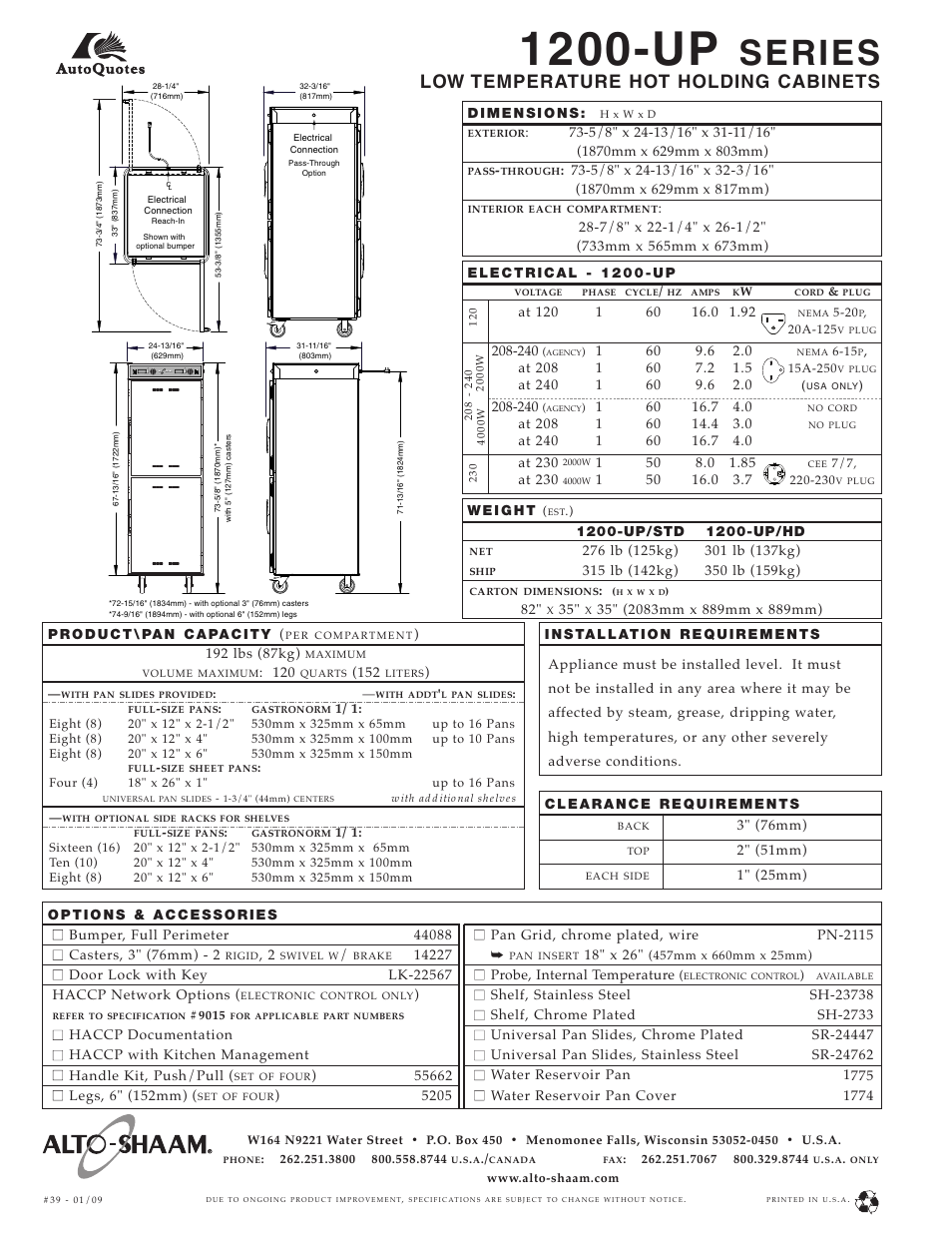 1200-up, Series, Low temperature hot holding cabinets | Alto-Shaam 1200-UP Series User Manual | Page 2 / 2