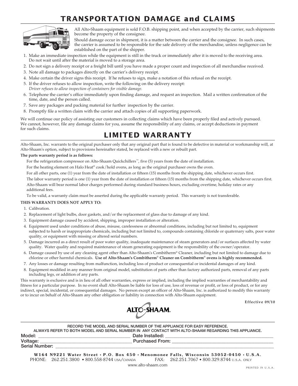 Transportation damage and claims, Limited warranty | Alto-Shaam HFT2SYS-500 User Manual | Page 25 / 25