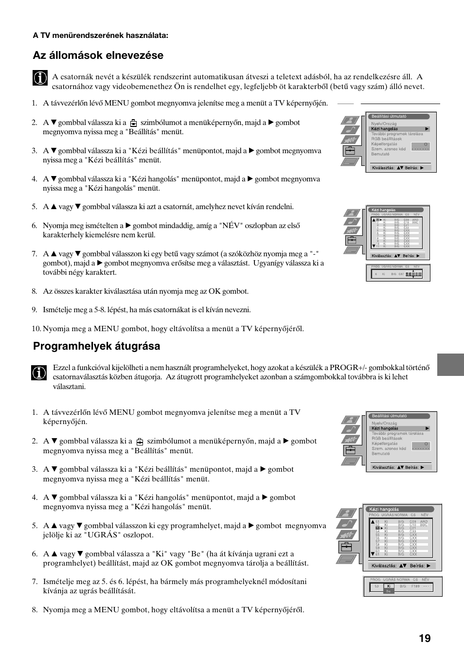 Az állomások elnevezése, Programhelyek átugrása | Sony KV-36FS70K User Manual | Page 105 / 172