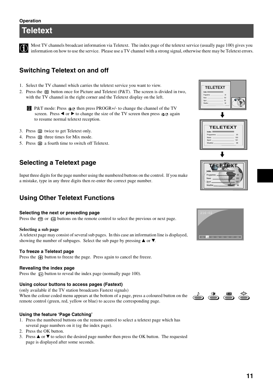 Teletext, Switching teletext on and off, Selecting a teletext page | Using other teletext functions | Sony KV-36FS70K User Manual | Page 13 / 172