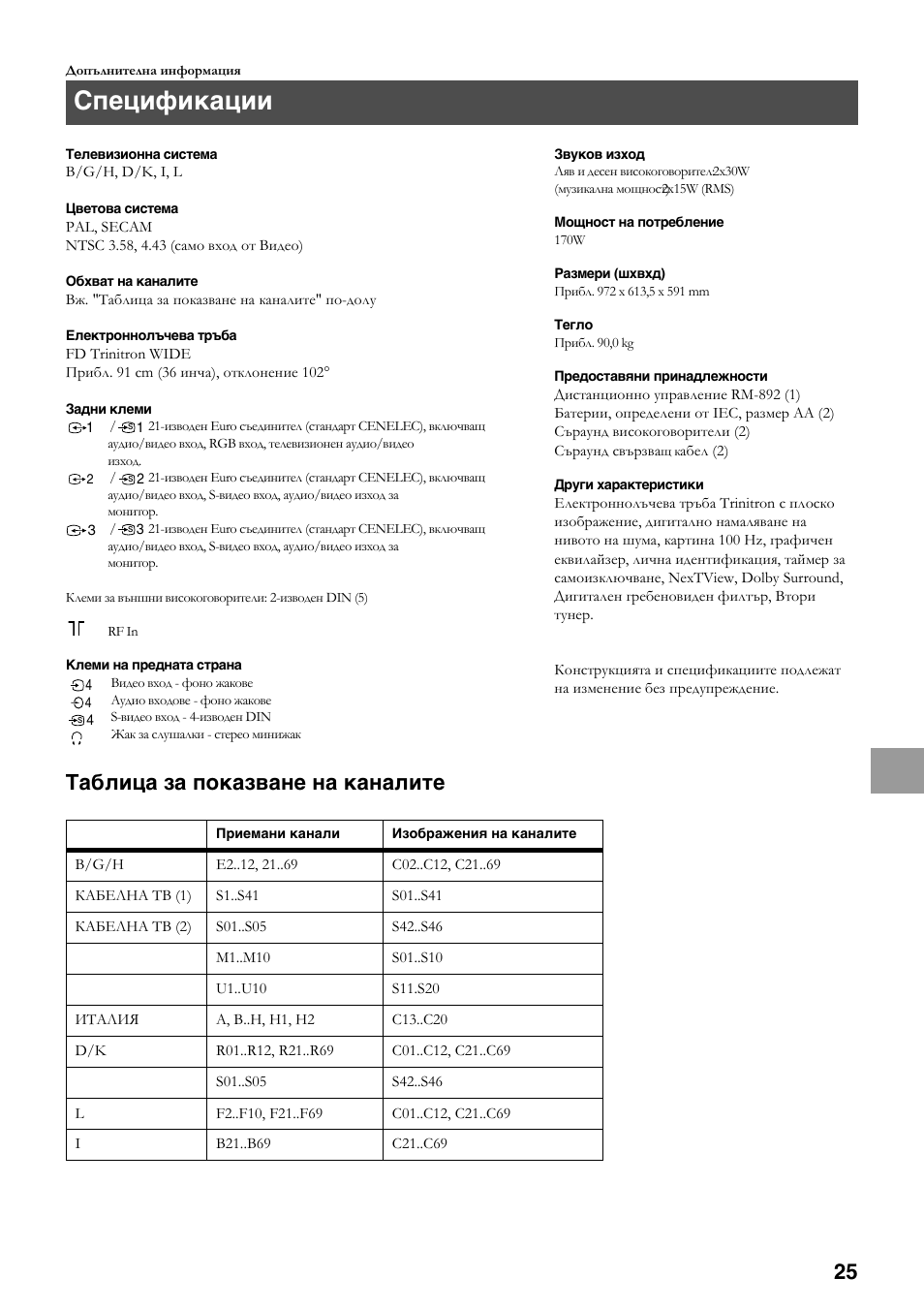 Спецификации, Таблица за показване на каналите | Sony KV-36FS70K User Manual | Page 139 / 172