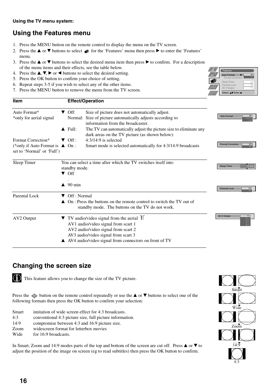Using the features menu, Changing the screen size | Sony KV-36FS70K User Manual | Page 18 / 172