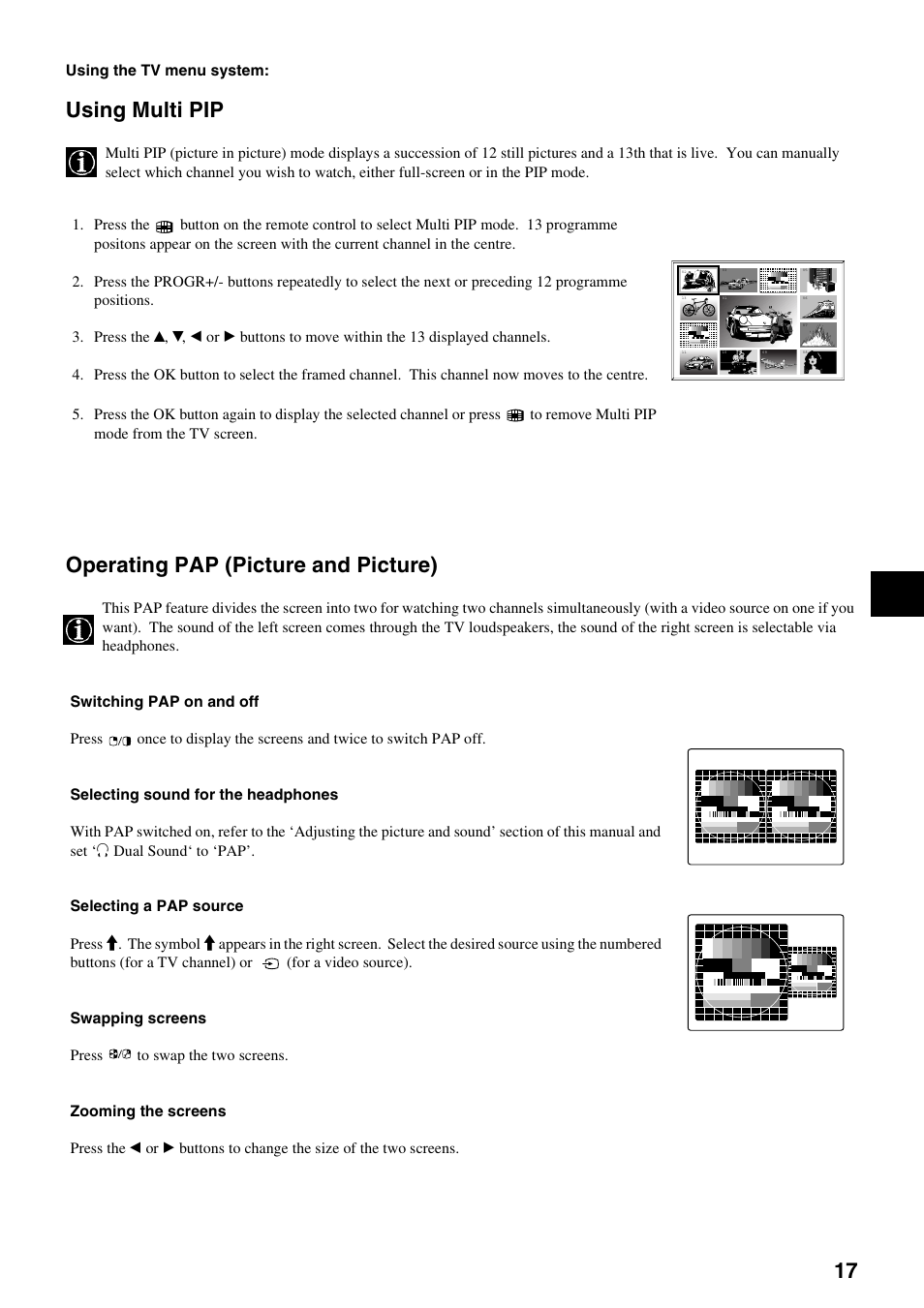 Using multi pip, Operating pap (picture and picture) | Sony KV-36FS70K User Manual | Page 19 / 172