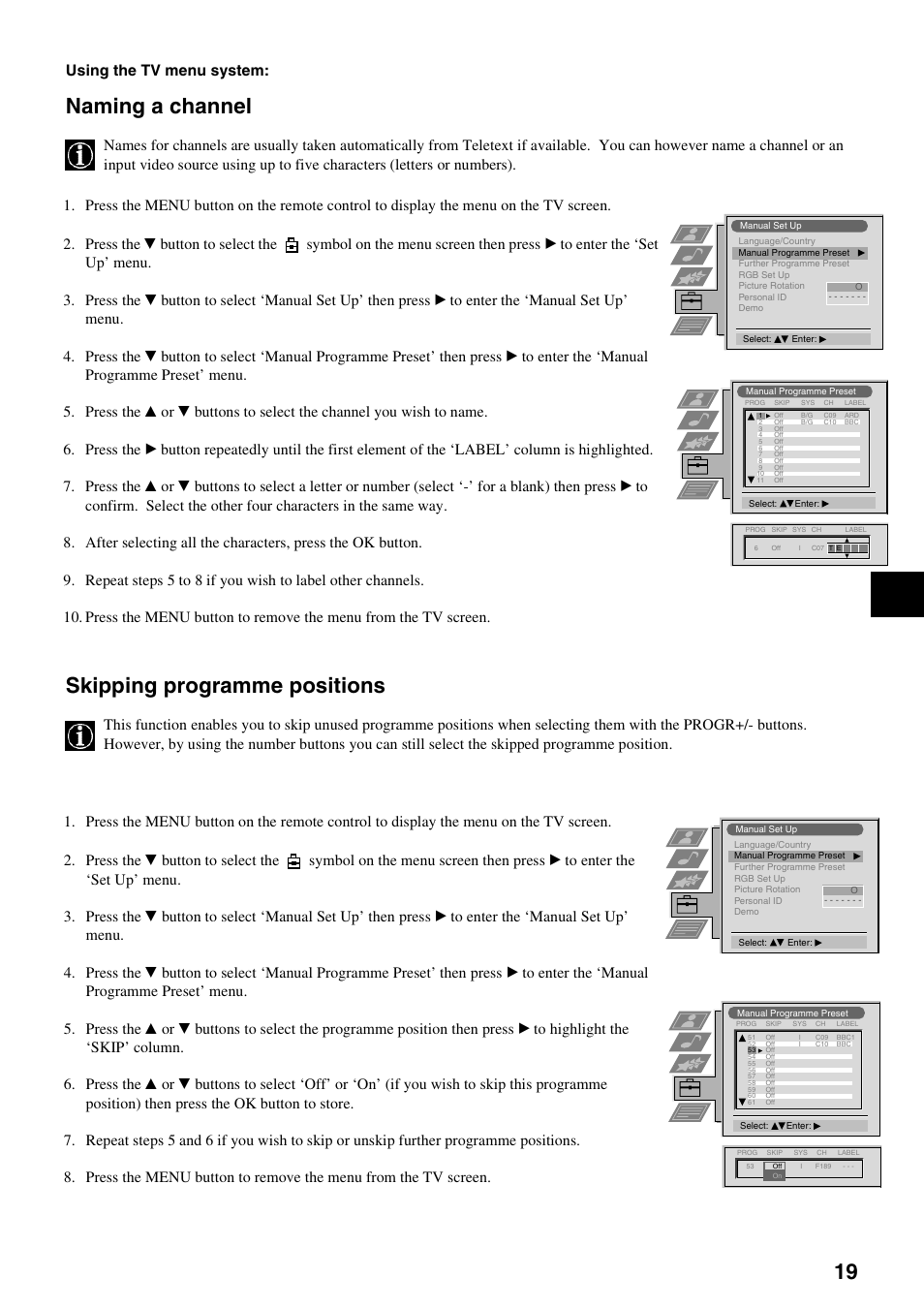 Naming a channel, Skipping programme positions, Using the tv menu system | Sony KV-36FS70K User Manual | Page 21 / 172