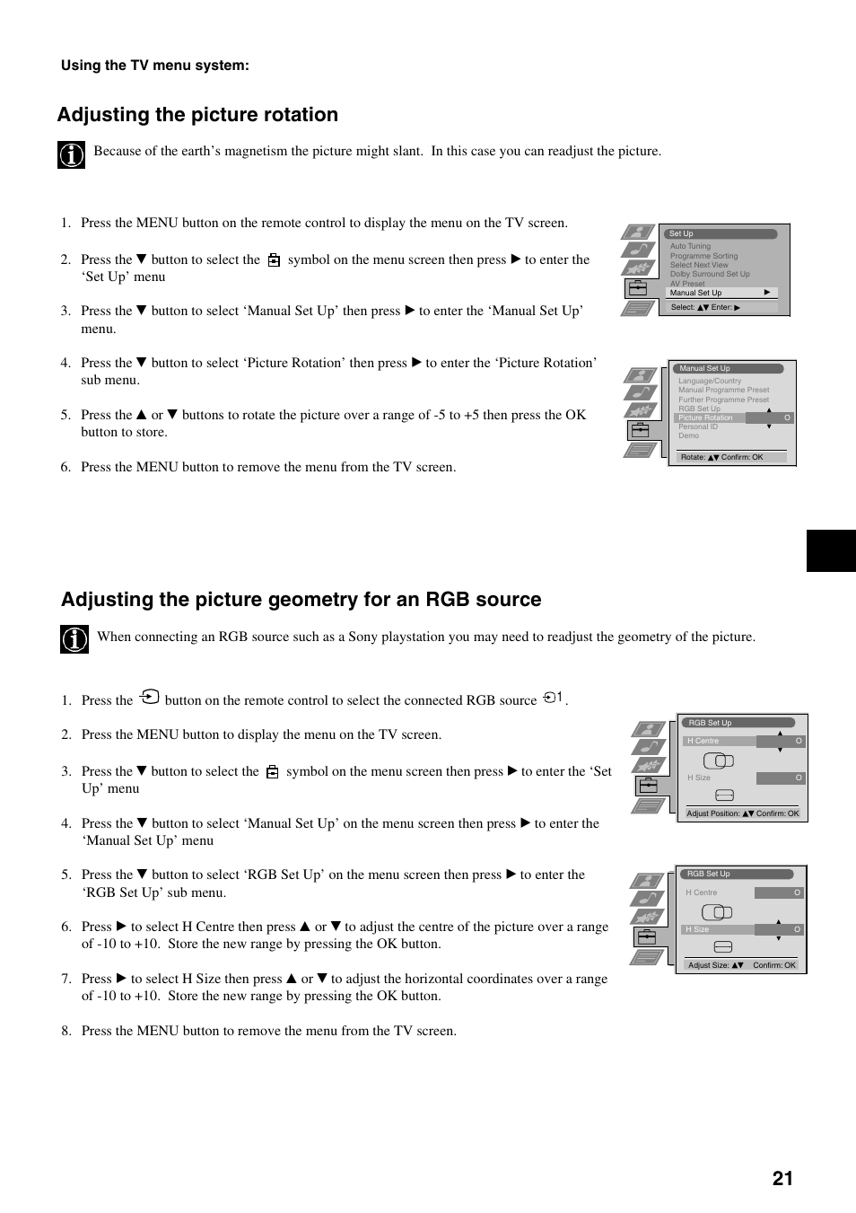 Adjusting the picture geometry for an rgb source, Adjusting the picture rotation | Sony KV-36FS70K User Manual | Page 23 / 172