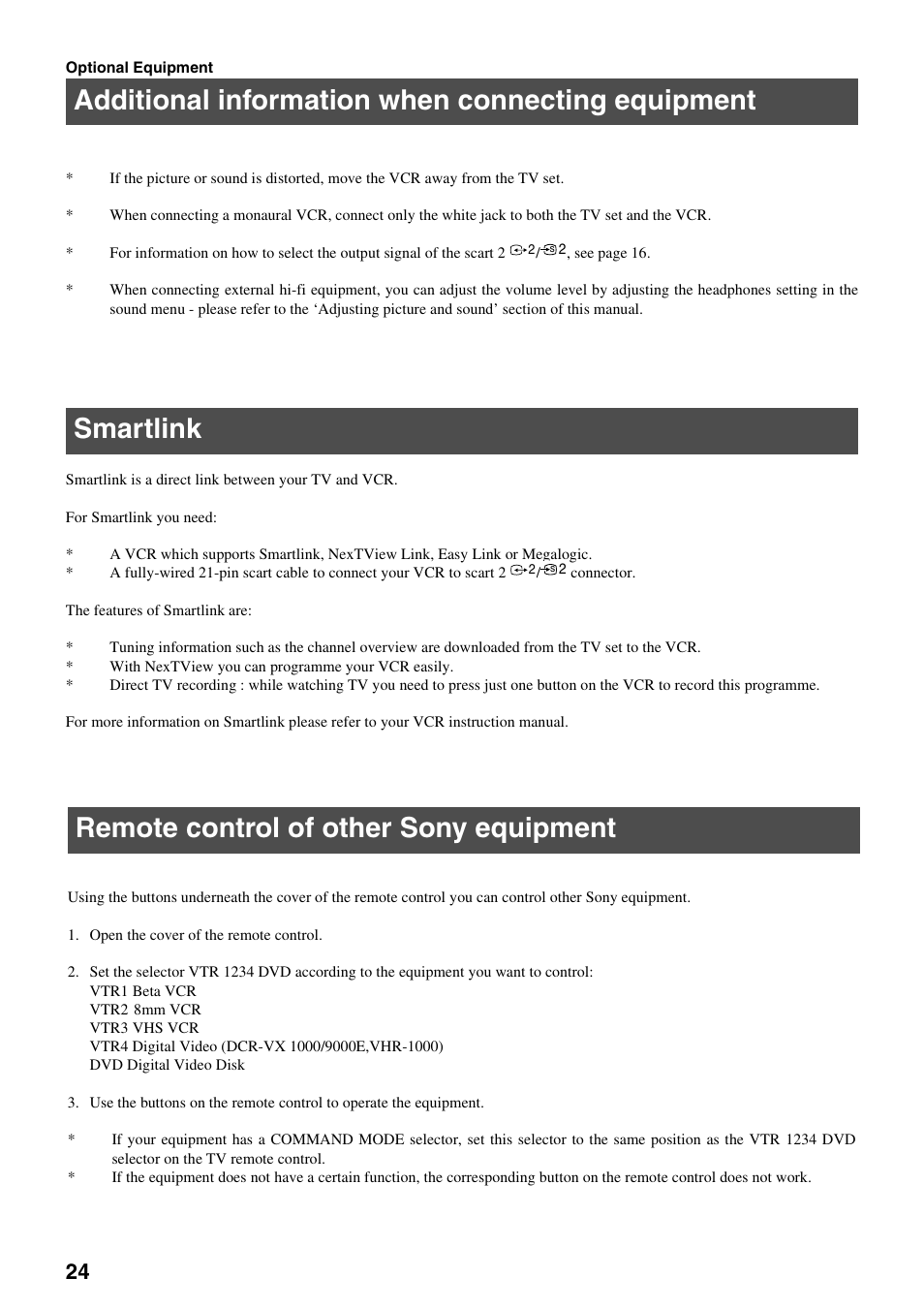 Additional information when connecting equipment, Smartlink, Remote control of other sony equipment | Sony KV-36FS70K User Manual | Page 26 / 172