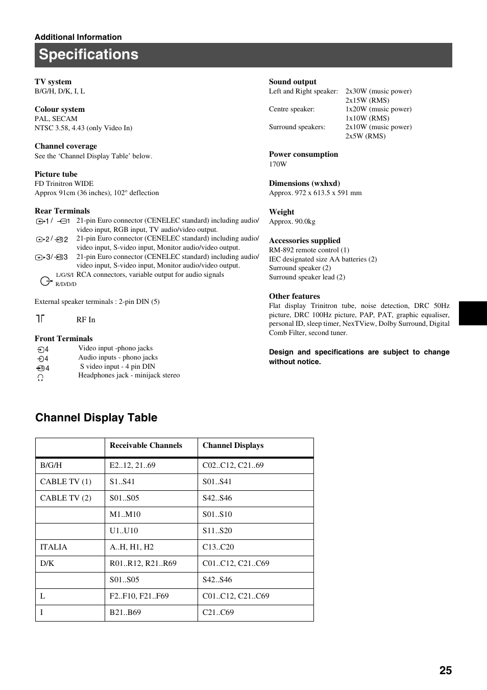 Specifications, Channel display table | Sony KV-36FS70K User Manual | Page 27 / 172