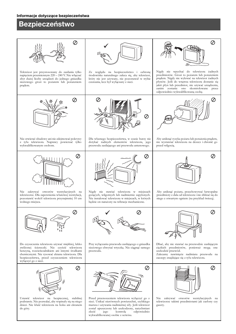 Bezpieczeństwo | Sony KV-36FS70K User Manual | Page 30 / 172
