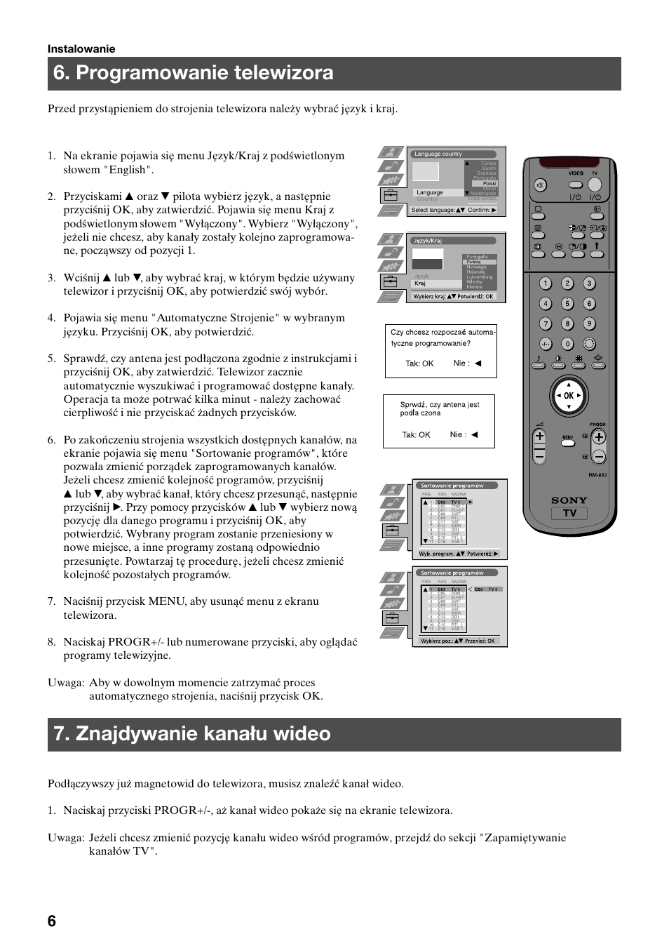 Programowanie telewizora, Znajdywanie kanału wideo | Sony KV-36FS70K User Manual | Page 36 / 172