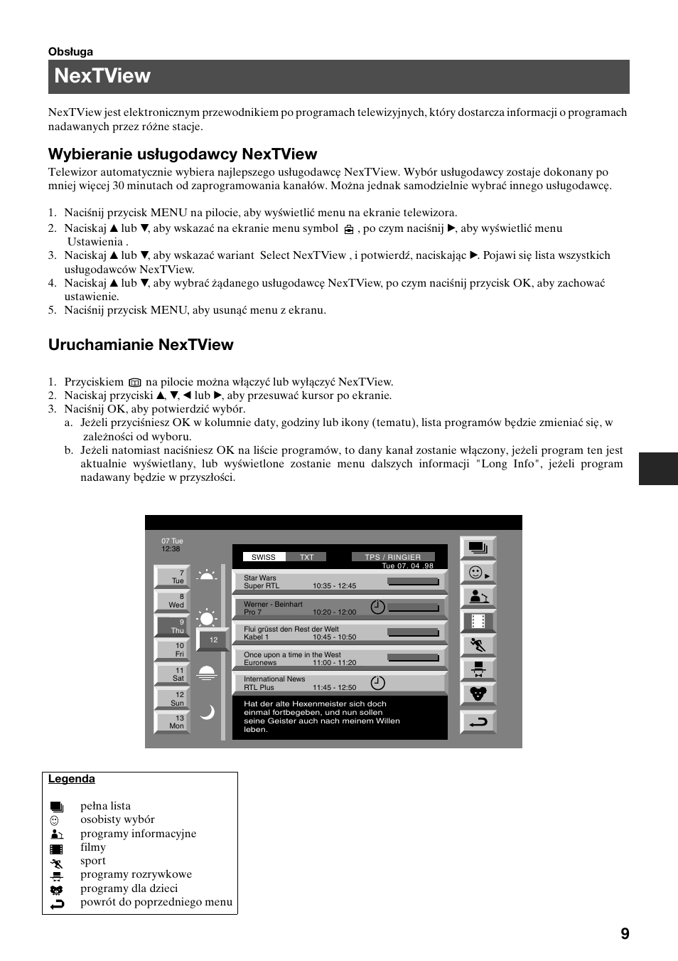 Nextview, Wybieranie usługodawcy nextview, Uruchamianie nextview | Sony KV-36FS70K User Manual | Page 39 / 172