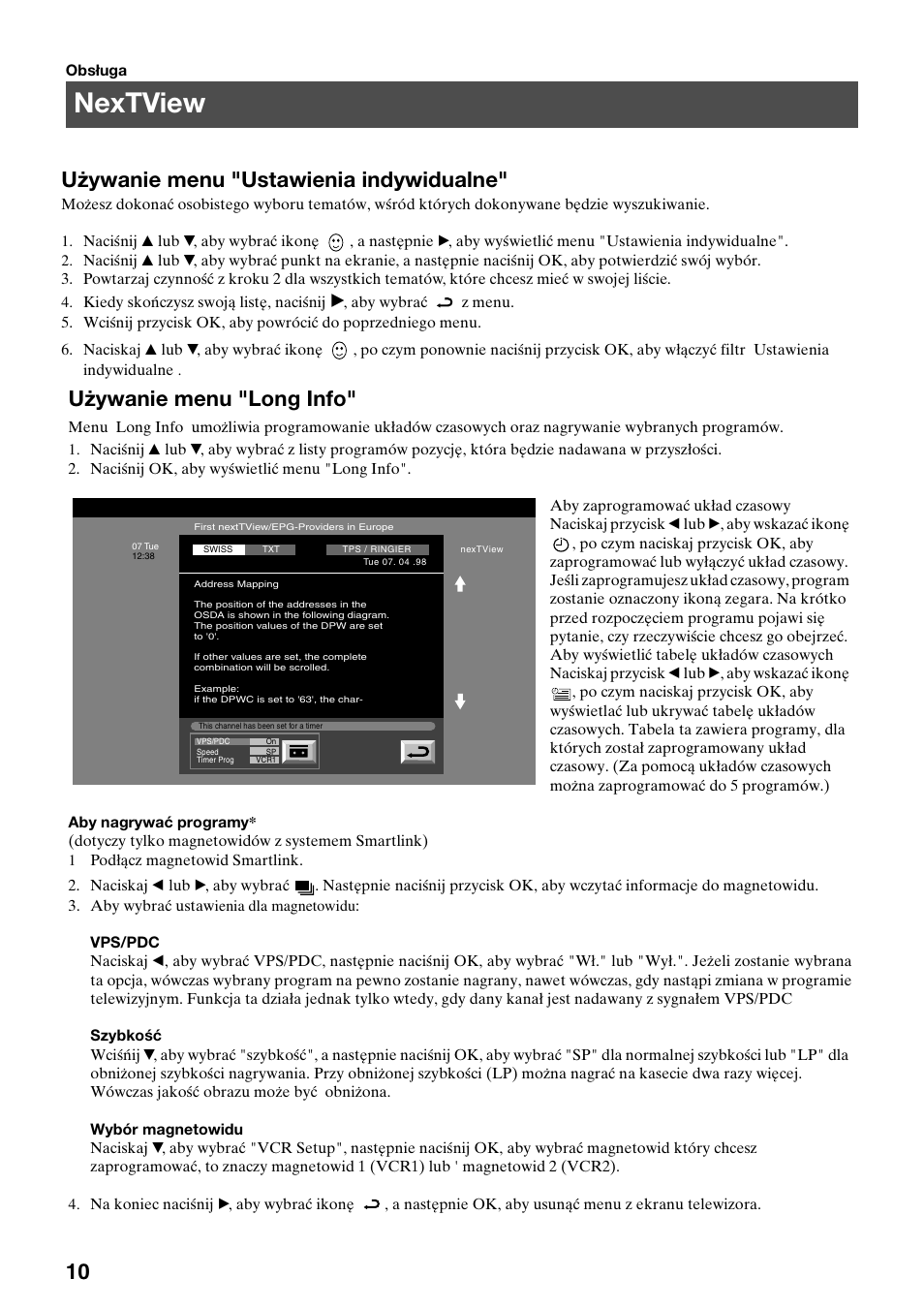 Nextview, 10 używanie menu "ustawienia indywidualne, Używanie menu "long info | Sony KV-36FS70K User Manual | Page 40 / 172