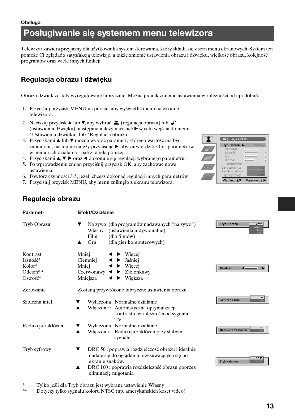 Posługiwanie się systemem menu telewizora, Regulacja obrazu i dźwięku, Regulacja obrazu | Sony KV-36FS70K User Manual | Page 43 / 172