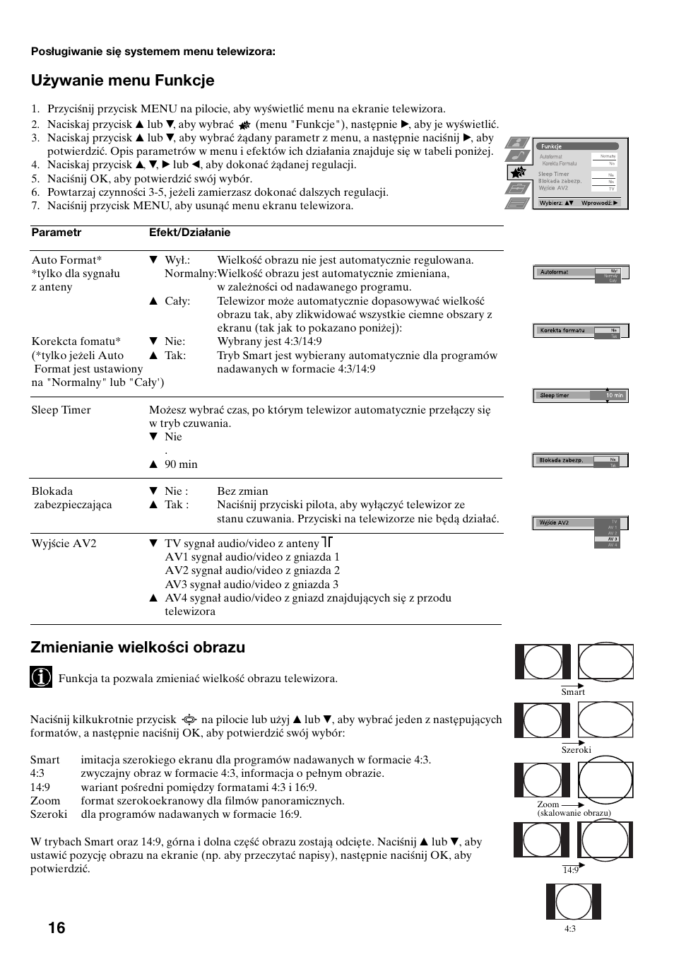Używanie menu funkcje zmienianie wielkości obrazu | Sony KV-36FS70K User Manual | Page 46 / 172
