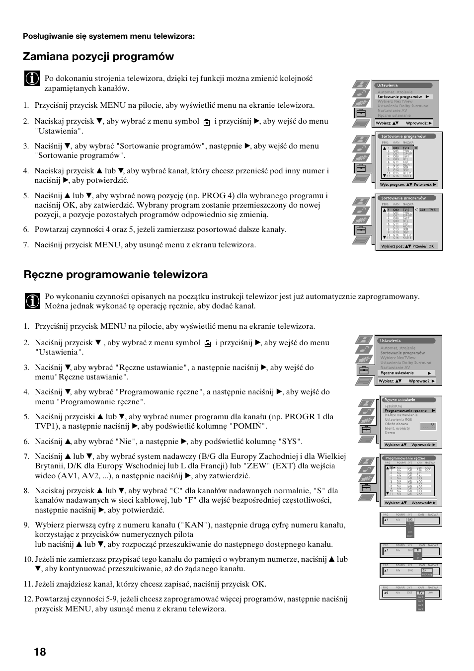 Zamiana pozycji programów, Ręczne programowanie telewizora | Sony KV-36FS70K User Manual | Page 48 / 172