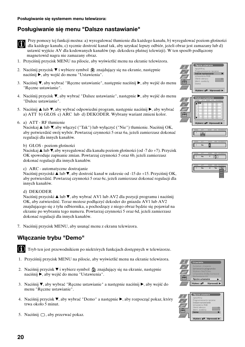 Posługiwanie się menu "dalsze nastawianie, Włączanie trybu "demo | Sony KV-36FS70K User Manual | Page 50 / 172