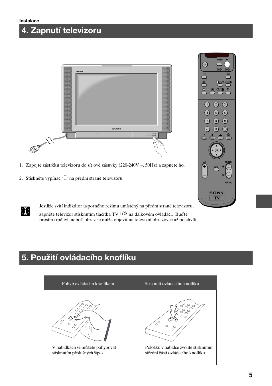 Zapnutí televizoru 5. použití ovládacího knoflíku | Sony KV-36FS70K User Manual | Page 63 / 172