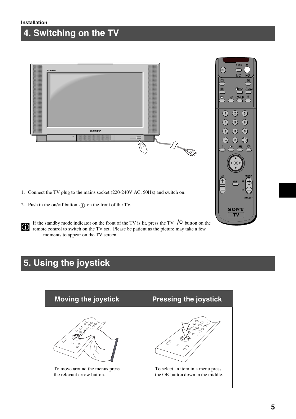 Switching on the tv 5. using the joystick, Moving the joystick pressing the joystick | Sony KV-36FS70K User Manual | Page 7 / 172