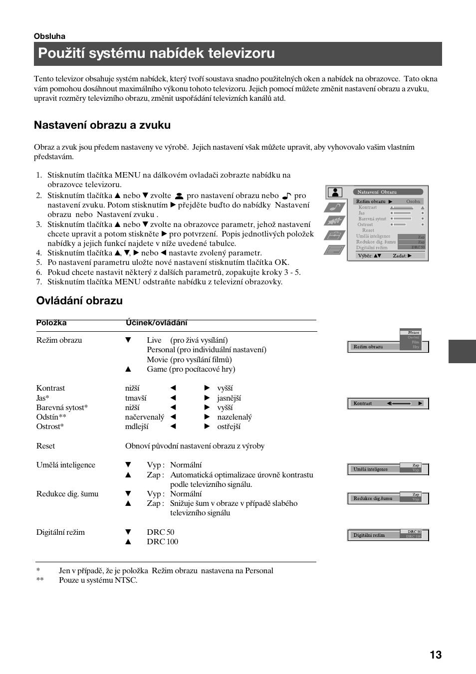 Použití systému nabídek televizoru, Nastavení obrazu a zvuku, Ovládání obrazu | Sony KV-36FS70K User Manual | Page 71 / 172