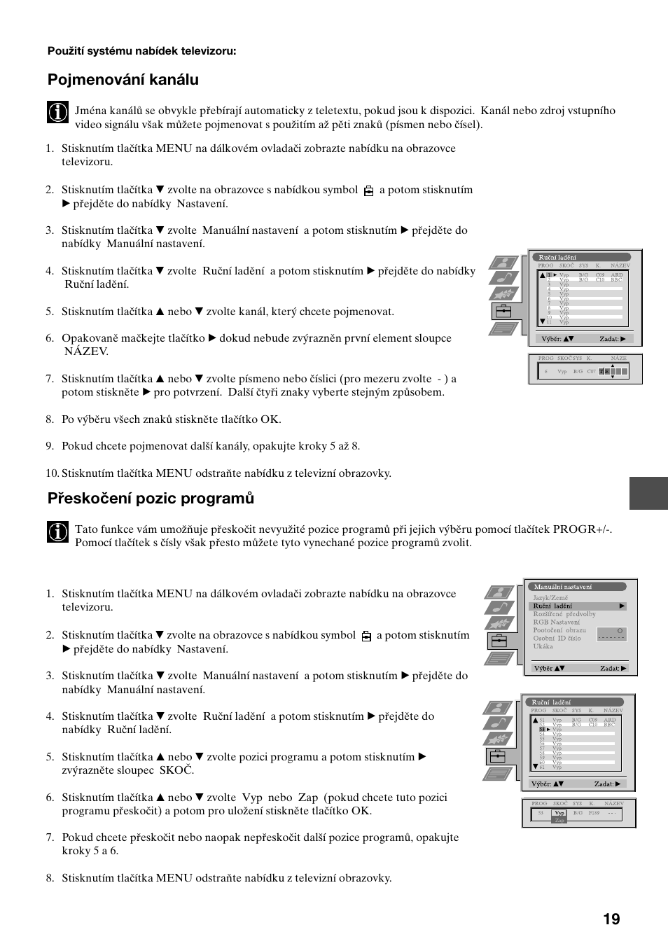 Pojmenování kanálu, Přeskočení pozic programů | Sony KV-36FS70K User Manual | Page 77 / 172