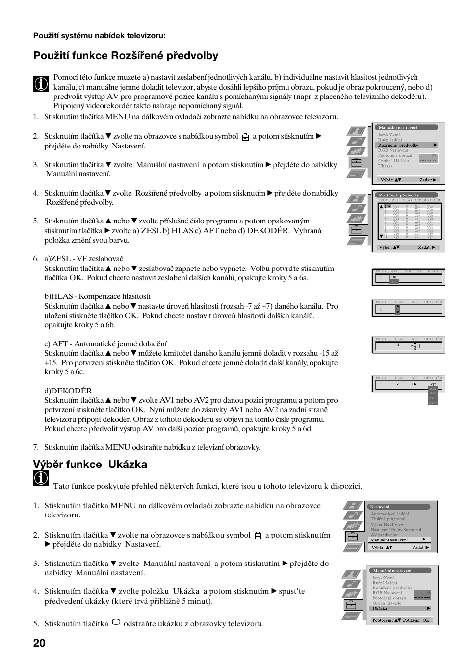 Použití funkce rozšířené předvolby, Výběr funkce ukázka | Sony KV-36FS70K User Manual | Page 78 / 172