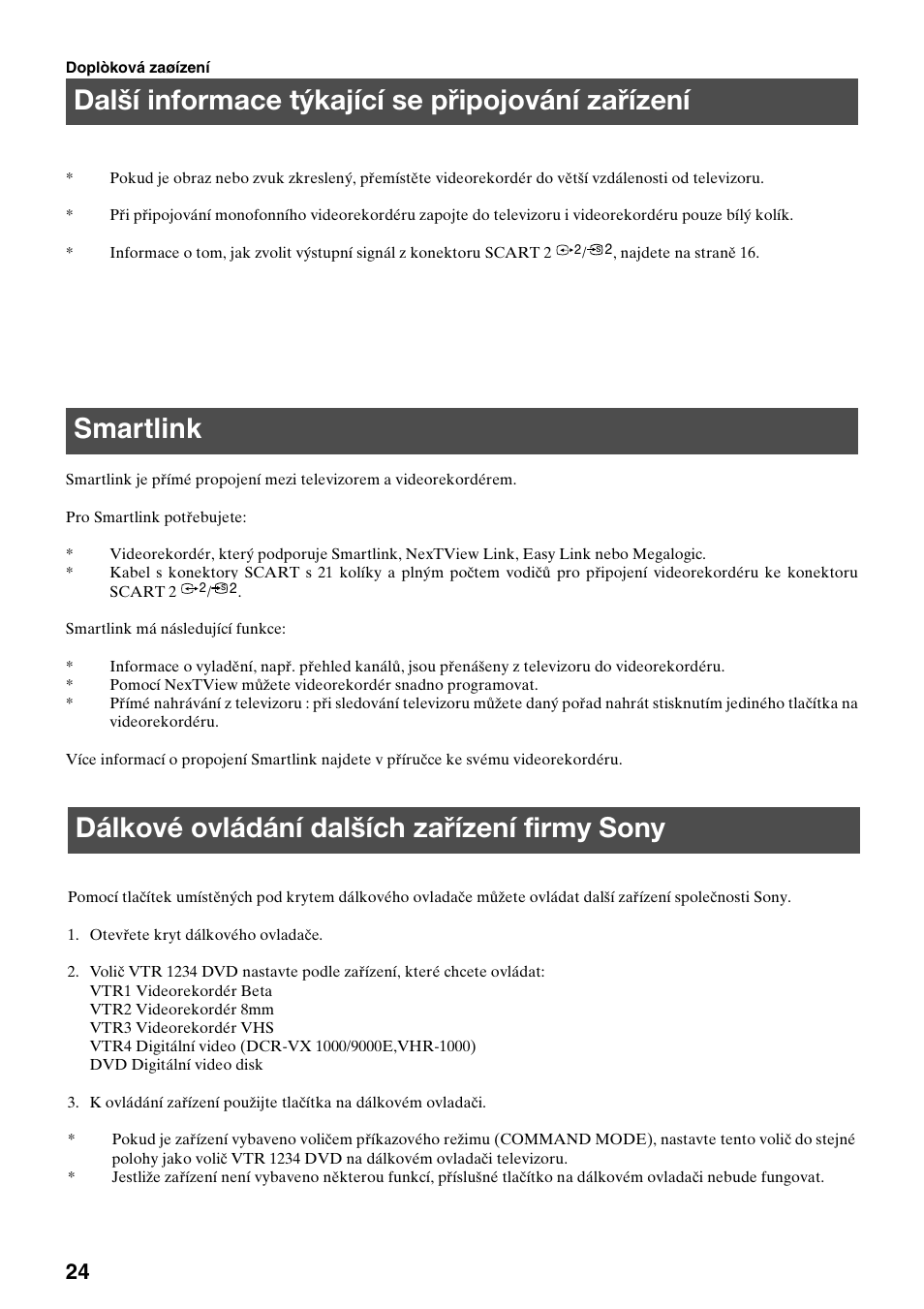 Další informace týkající se připojování zařízení, Smartlink, Dálkové ovládání dalších zařízení firmy sony | Sony KV-36FS70K User Manual | Page 82 / 172