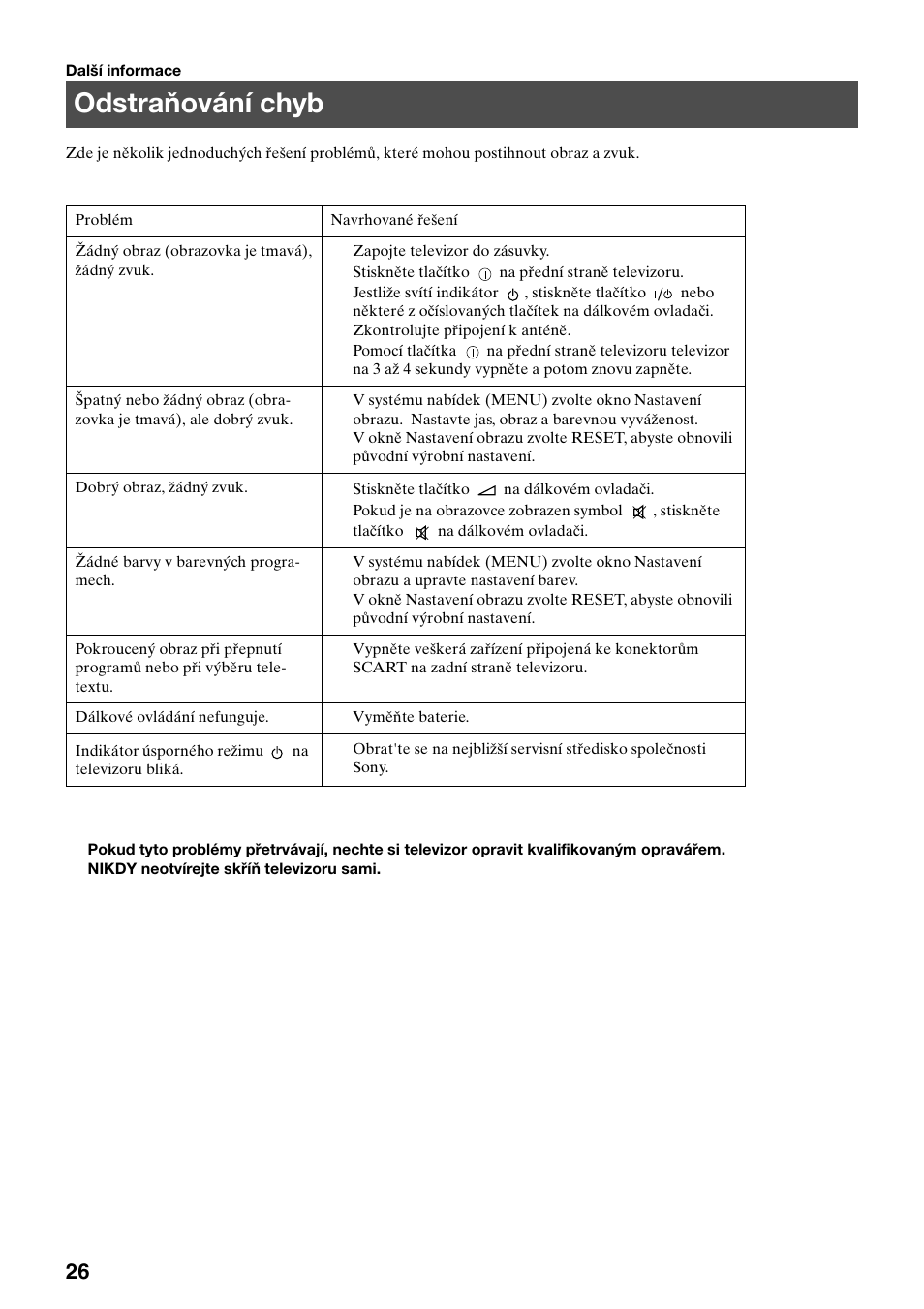 Odstraňování chyb | Sony KV-36FS70K User Manual | Page 84 / 172