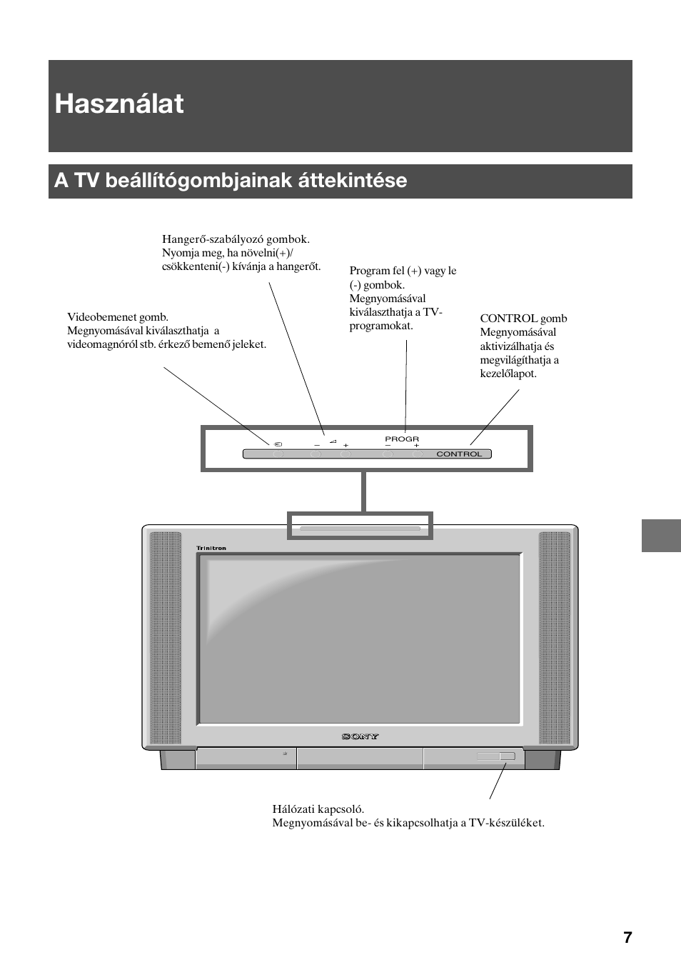 Használat, A tv beállítógombjainak áttekintése | Sony KV-36FS70K User Manual | Page 93 / 172