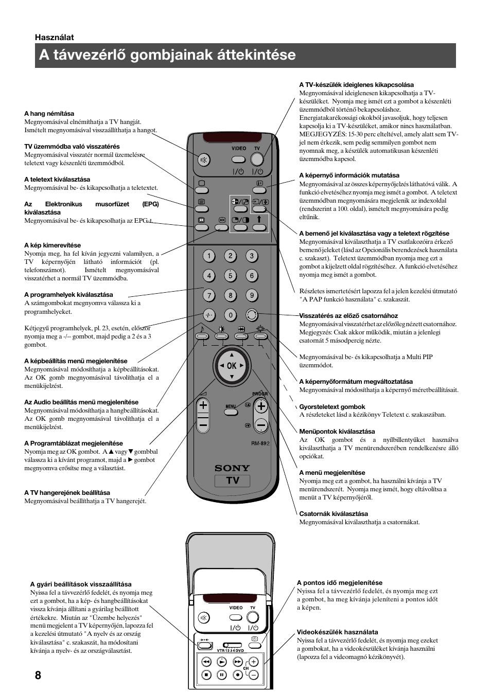 A távvezérlő gombjainak áttekintése | Sony KV-36FS70K User Manual | Page 94 / 172