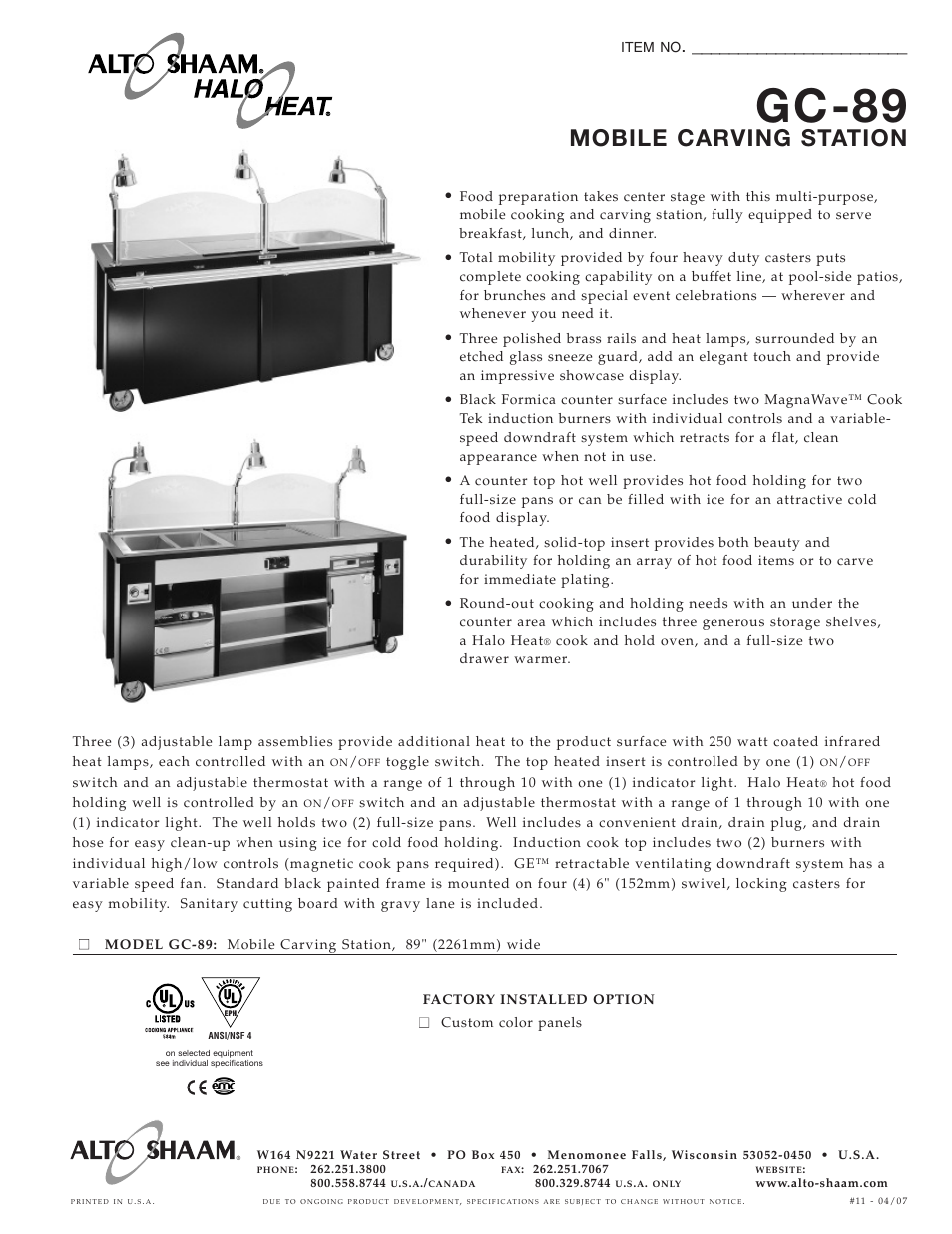 Alto-Shaam Mobile Carving Station GC-89 User Manual | 2 pages